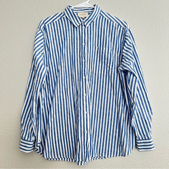 Sezane Oversized Max Blue Stripe Shirt - Picture 2 of 13